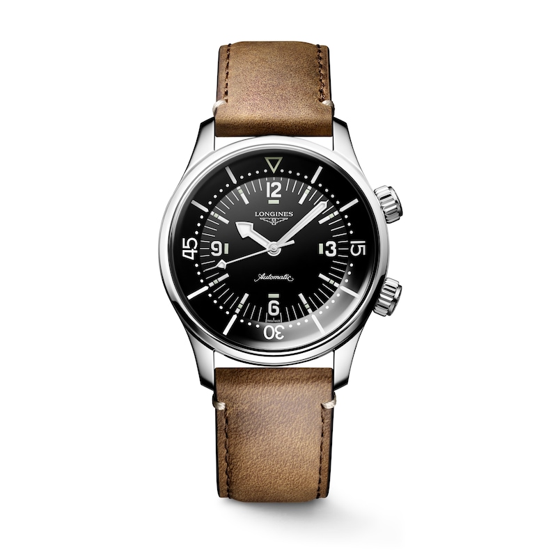 Longines Legend Diver Men's Black Dial & Brown Leather Strap Watch
