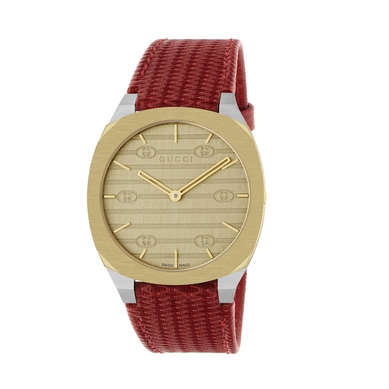 GUCCI 25H 34mm Gold Tone Dial & Red Leather Strap Watch