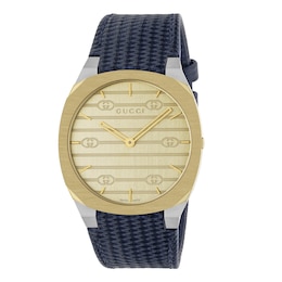GUCCI 25H Gold Tone Dial & Black Leather Strap Watch