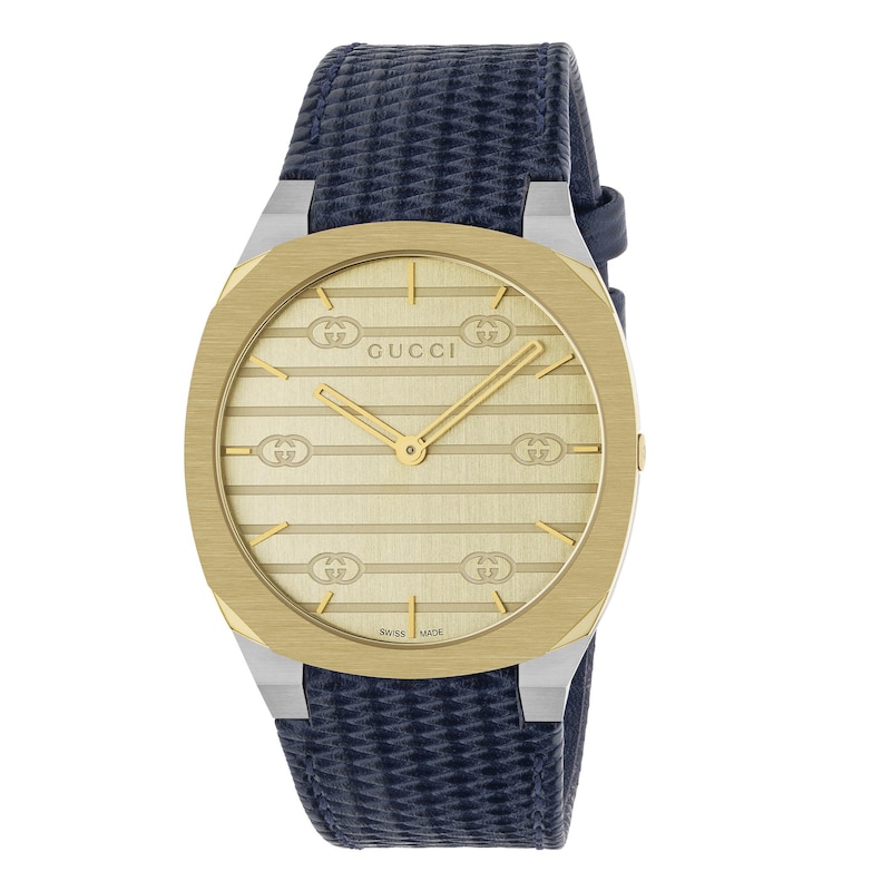 GUCCI 25H Gold-Tone Dial & Black Leather Strap Watch