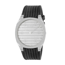 GUCCI 25 Silver-Tone Dial & Black Leather Strap Watch