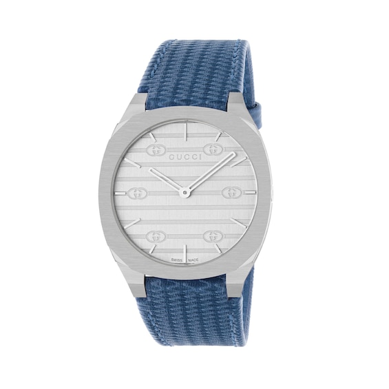 GUCCI 25H 34mm Silver Tone Dial & Blue Leather Strap Watch