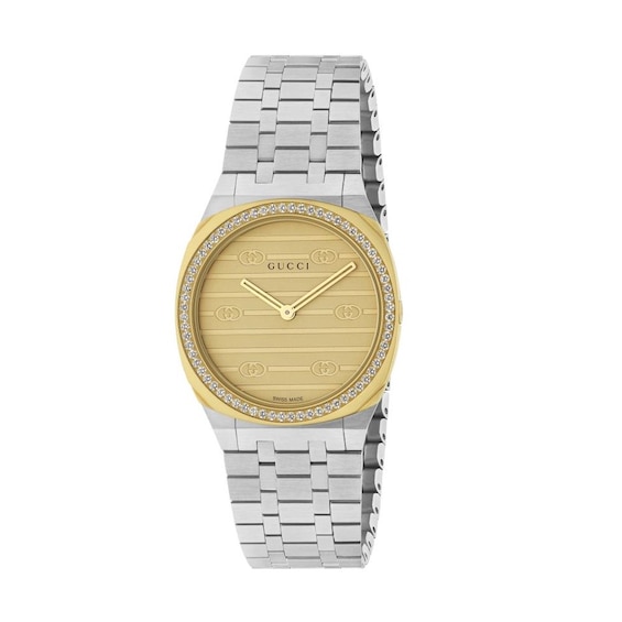 GUCCI 25H Diamond Gold Tone Dial Bracelet Watch