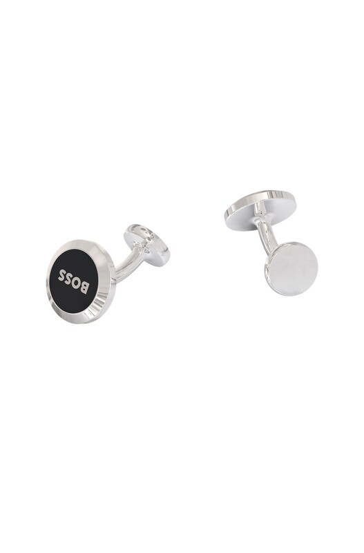 BOSS Men's Logo Black Enamel Brass Cufflinks