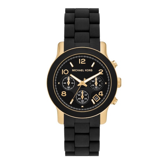 Michael Kors Runway Ladies’ Gold Tone Case & Black Rubber Strap Watch
