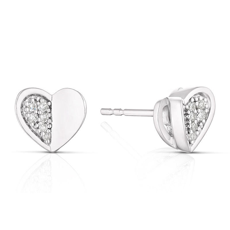 Sterling Silver 0.06ct Diamond Half Set Heart Stud Earrings