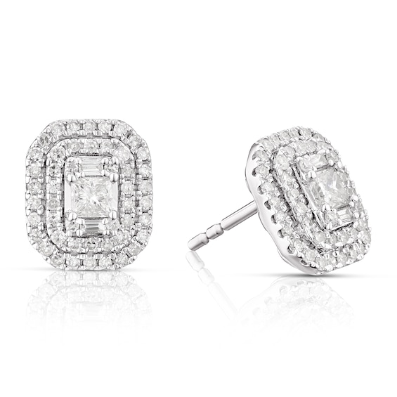 9ct White Gold 0.50ct Diamond Emerald Shape Cluster Stud Earrings