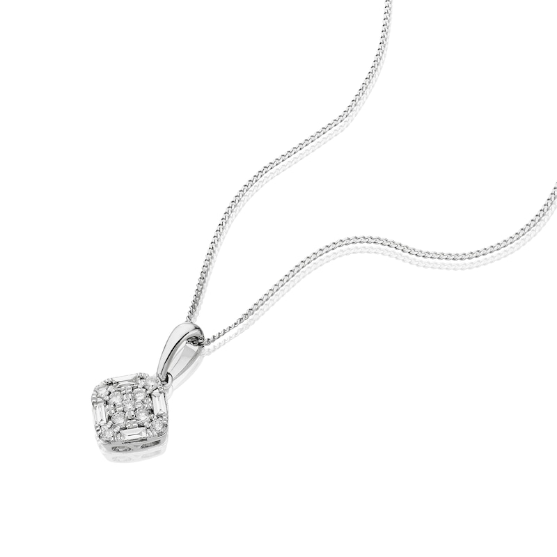 Main Image 2 of 9ct White Gold 0.25ct Diamond Baguette & Round Cut Cluster Pendant