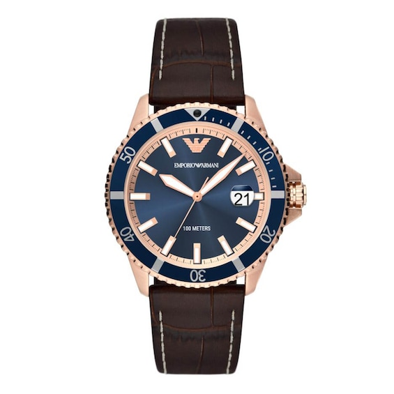 Emporio Armani Men’s Rose Gold Tone & Blue Dial Leather Strap Watch