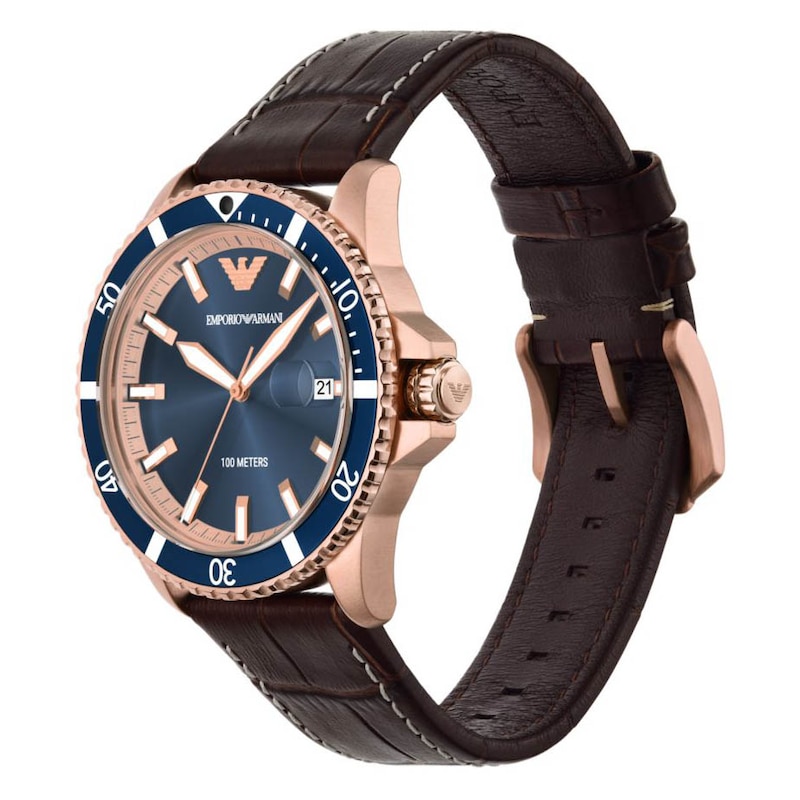 Emporio Armani Men's Rose Gold-Tone & Blue Dial Leather Strap Watch