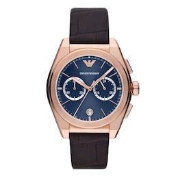 Emporio Armani Men's Chronograph Rose Gold Tone & Brown Leather Strap Watch