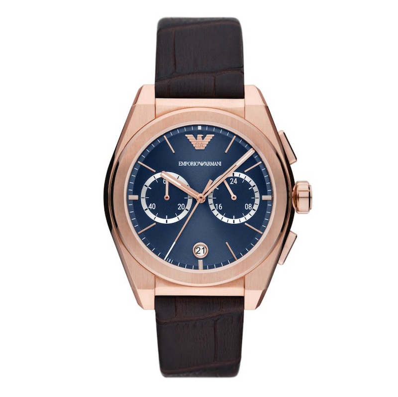 Emporio Armani Men's Chronograph Rose Gold-Tone & Brown Leather Strap Watch