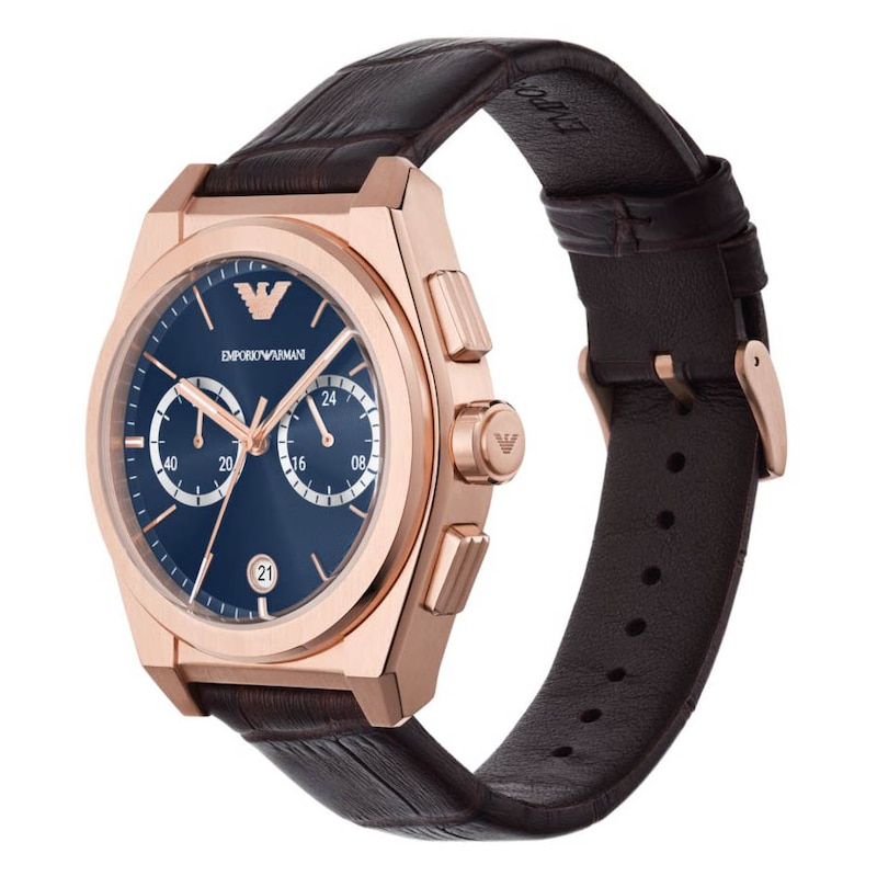 Emporio Armani Men's Chronograph Rose Gold-Tone & Brown Leather Strap Watch