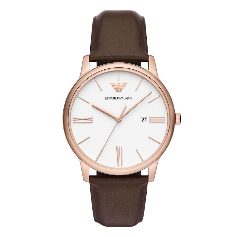 Emporio Armani Men's Rose Gold-Tone Case & White Dial Leather Strap Watch