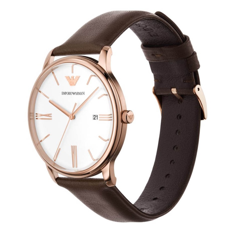 Emporio Armani Men's Rose Gold-Tone Case & White Dial Leather Strap Watch