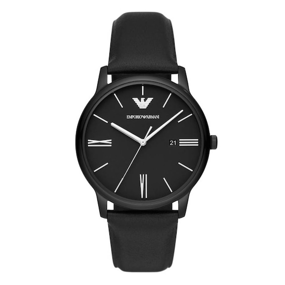 Men's Emporio Armani Black Dial & Black Leather Strap Watch
