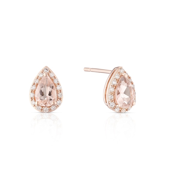 9ct Rose Gold Morganite 0.10ct Diamond Pear Cut Stud Earrings