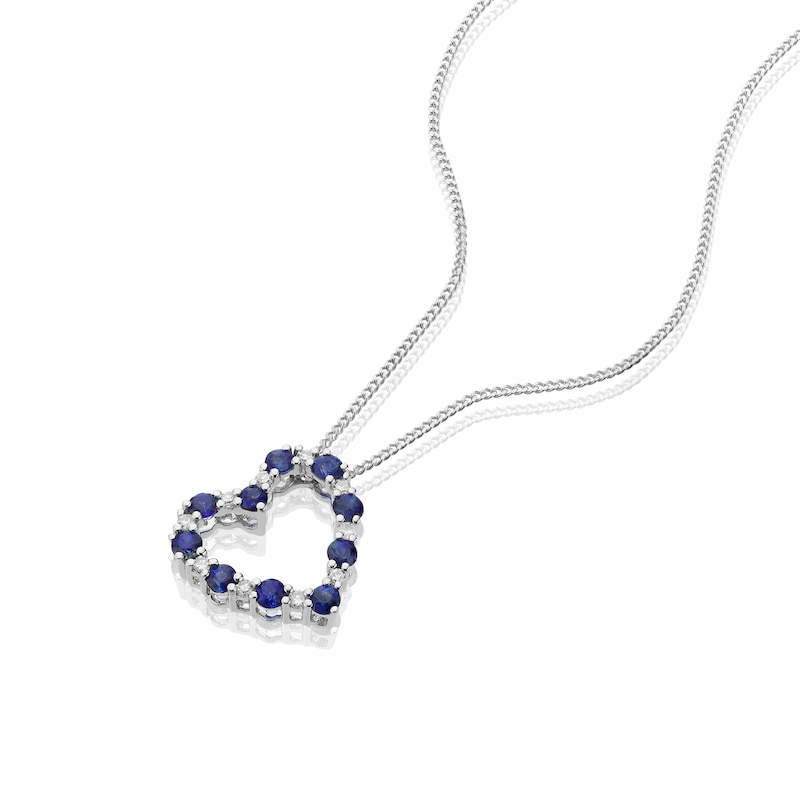 9ct White Gold Sapphire 0.05ct Diamond Heart Pendant
