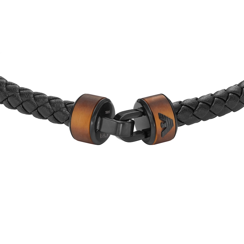 Emporio Armani Men's Black Braided Leather & Copper Tone Steel Bracelet