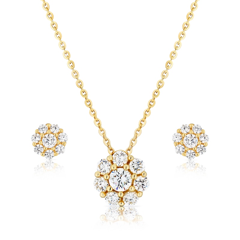 9ct Yellow Gold Cubic Zirconia Flower Cluster Earrings & Pendant Set