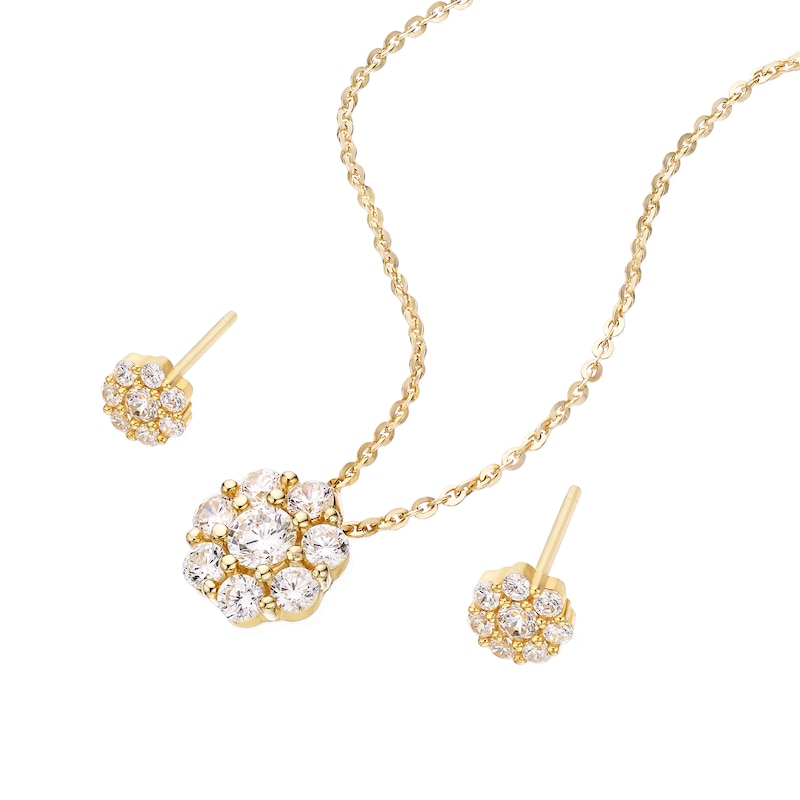 9ct Yellow Gold Cubic Zirconia Flower Cluster Earrings & Pendant Set