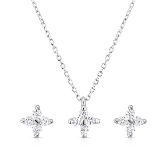 9ct White Gold Cubic Zirconia Flower Earrings and Pendant Set