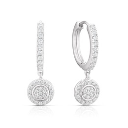 Sterling Silver Pave Cubic Zirconia Disc Hoop Drop Earrings