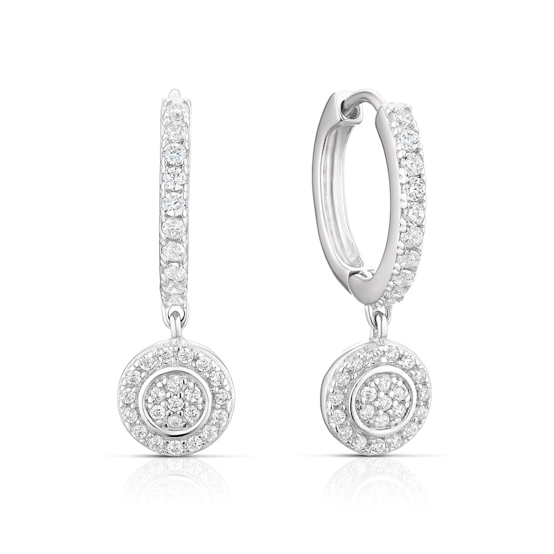 Sterling Silver Pave Cubic Zirconia Disc Hoop Drop Earrings