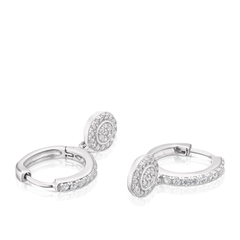 Main Image 2 of Sterling Silver Pave Cubic Zirconia Disc Hoop Drop Earrings