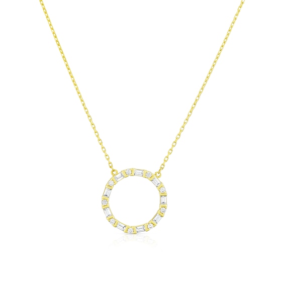 9ct Yellow Gold Round & Baguette Cubic Zirconia Open Circle Necklace