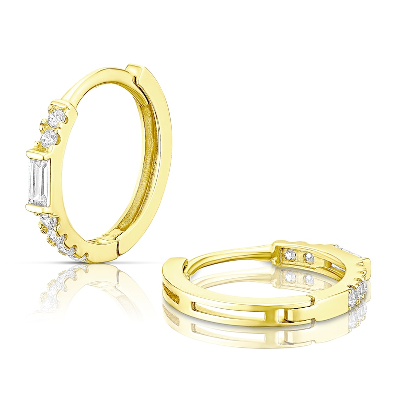 9ct Yellow Gold Round & Baguette Cubic Zirconia Huggie Hoop Earrings