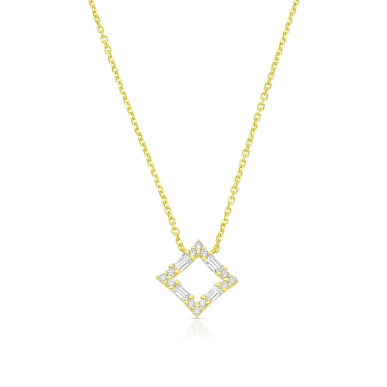 9ct Yellow Gold Round and Baguette Cubic Zirconia Open Square Necklace
