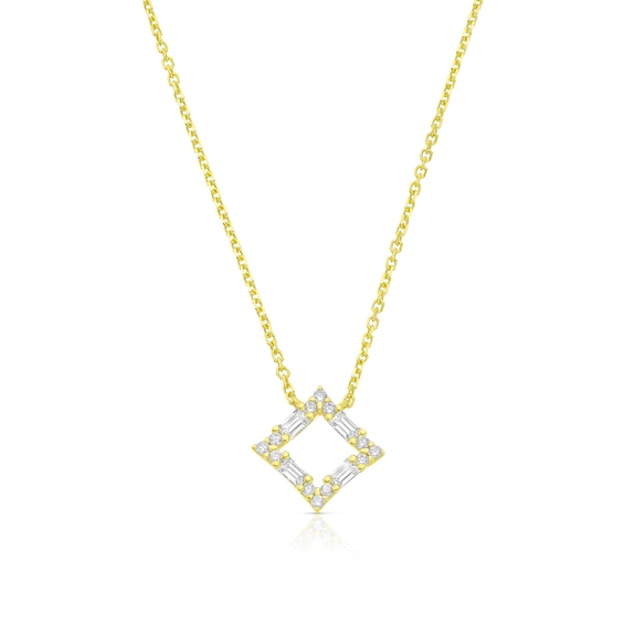 9ct Yellow Gold Round & Baguette Cubic Zirconia Open Square Necklace