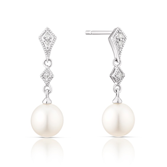 9ct White Gold Diamond & Pearl Drop Earrings