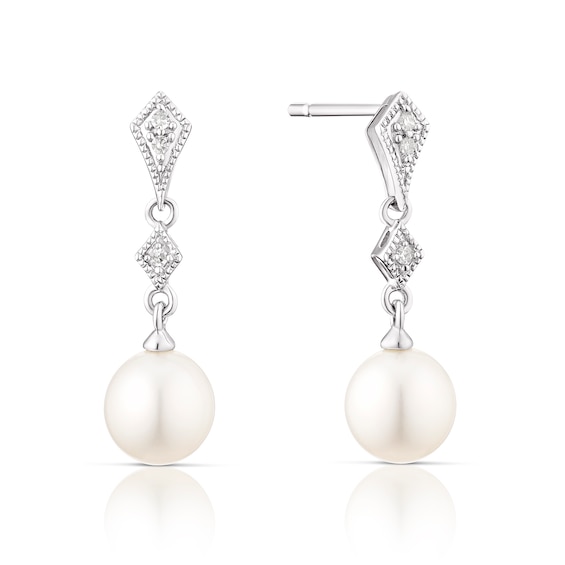 9ct White Gold Diamond and Pearl Drop Earrings