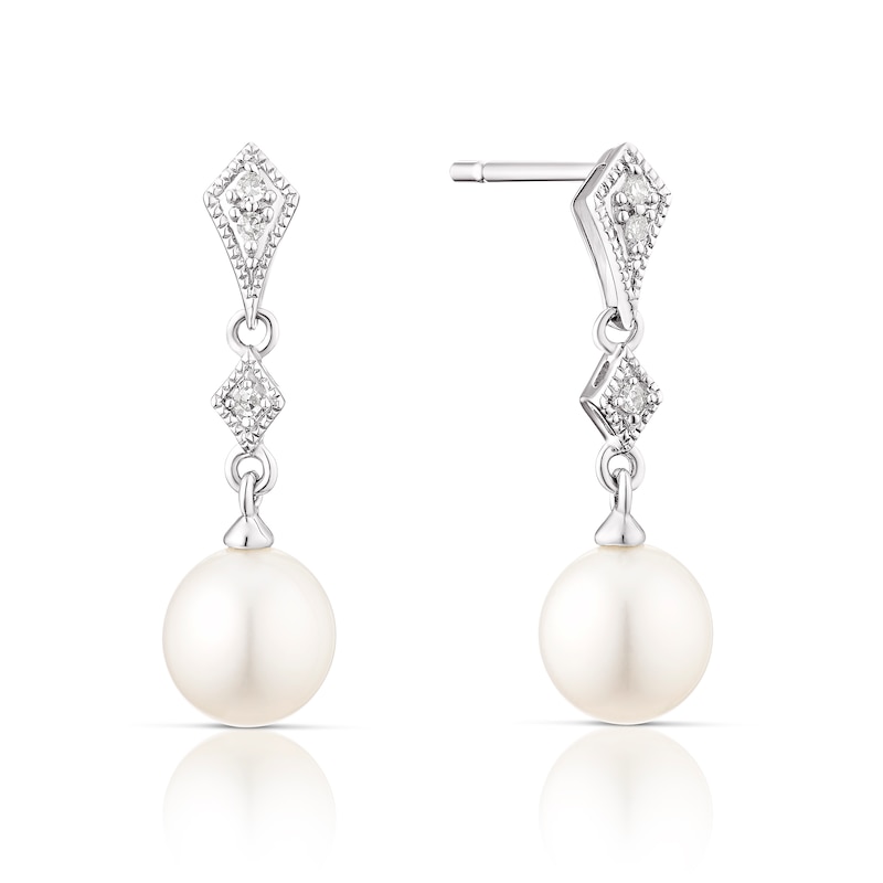 9ct White Gold Diamond & Pearl Drop Earrings