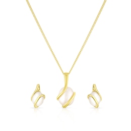 9ct Yellow Gold Pearl Wrap Stud Earrings & Pendant Necklace Set