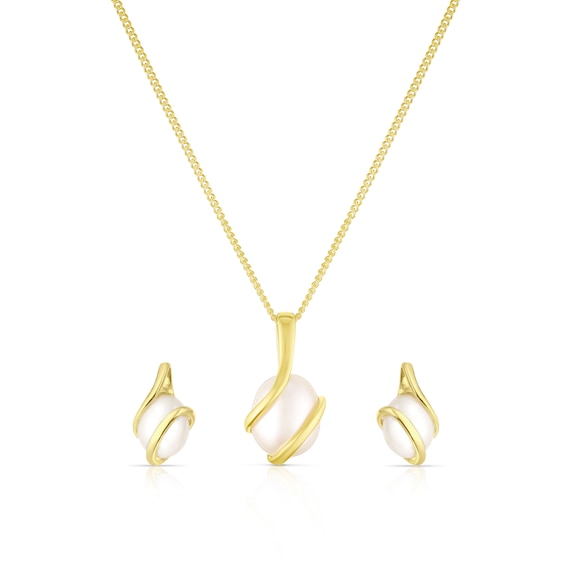 9ct Yellow Gold Pearl Wrap Stud Earrings and Pendant Necklac
