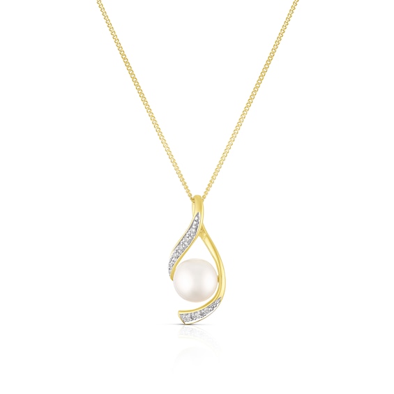 9ct Yellow Gold Diamond & Pearl Figure Eight Pendant Necklace