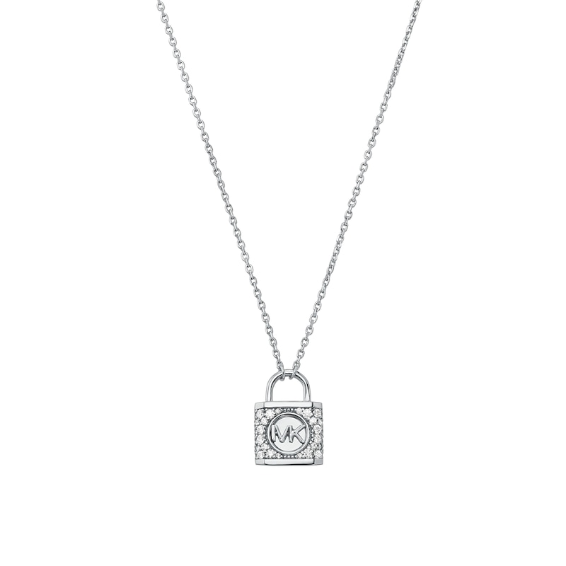 Michael Kors Sterling Silver 18 Inch Cubic Zirconia Pave Padlock Pendant