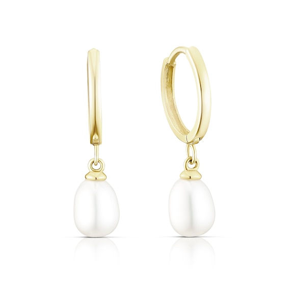 9ct Yellow Gold Cultured Freshwater Pearl Drop Hoop Earrings