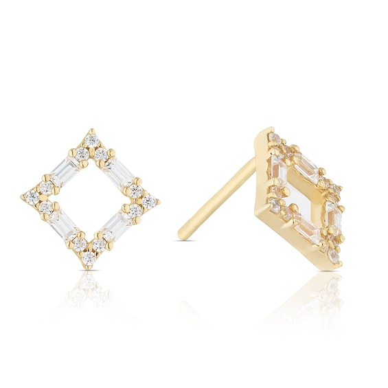9ct Yellow Gold Round & Baguette Cubic Zirconia Open Square Stud Earrings