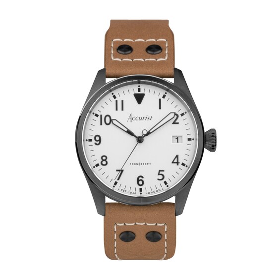 Accurist Aviation Men’s White Dial & Beige Leather Strap Watch