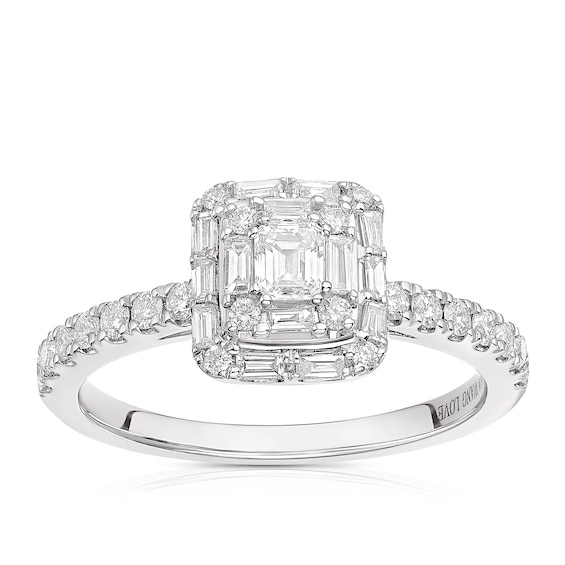 Vera Wang 18ct White Gold 0.58ct Total Diamond Emerald Cut Halo Ring