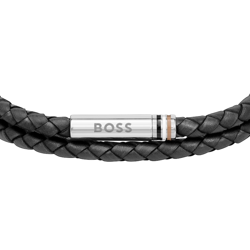 BOSS Ares Men's Braided Black Leather Bracelet