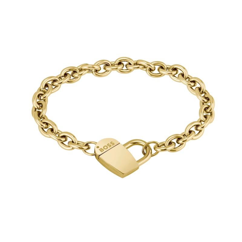 BOSS Dinya Yellow Gold IP Chain Padlock Heart Bracelet | Ernest Jones