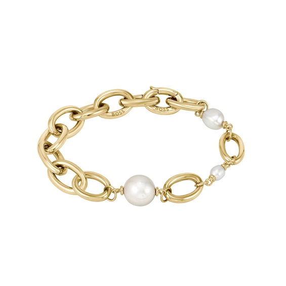 BOSS Leah Ladies’ Gold Tone & Pearl Chain Bracelet