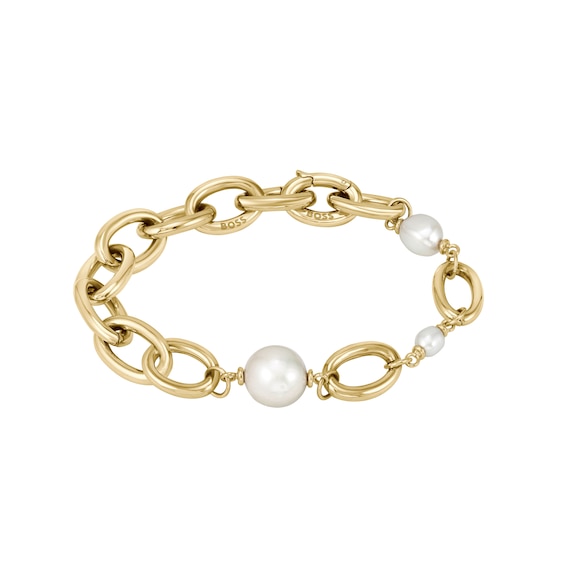 BOSS Leah Ladies Gold Tone and Pearl Chain Bracelet