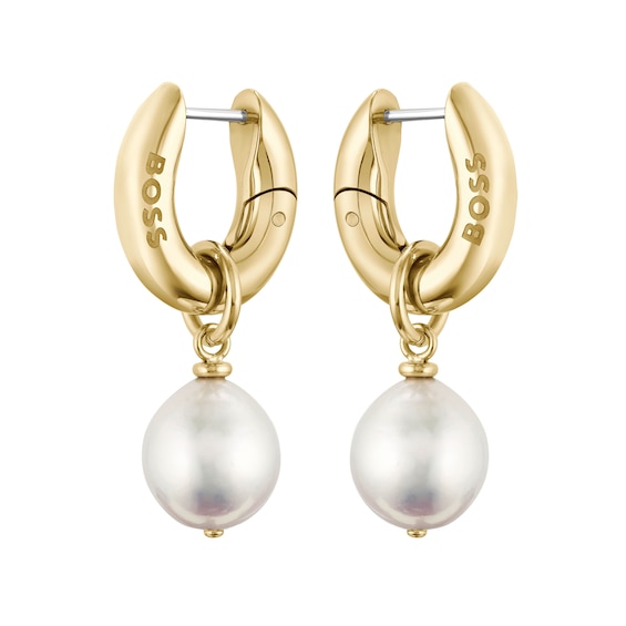 BOSS Leah Gold IP Freshwater Pearl Huggie Drop Earrings