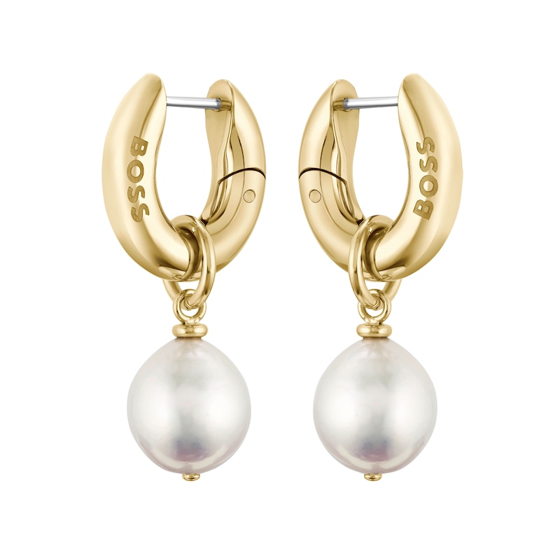BOSS Leah Gold IP Freshwater Pearl Huggie Drop Earrings | Ernest Jones